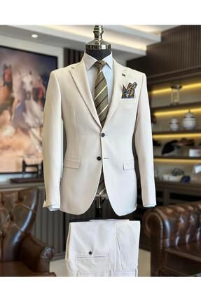 İtalyan stil slim fit mono yaka ceket pantolon takım elbise bej T9997