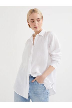 Snowform Kadın Beyaz %100 Pamuklu Keten Yazlık Oversize Gömlek