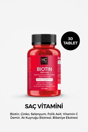Saç Vitamini 30 Tablet - Biotin, Çinko, Selenyum, Folik Asit, Vitamin C, Demir, At Kuyruğu, Biberiye