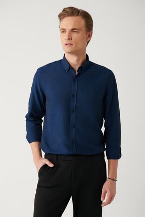 Erkek Lacivert Düğmeli Yaka Kolay Ütülenebilir Oxford Pamuklu Regular Fit Gömlek E002000