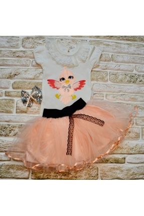 Toka Hediyeli Kuş Desenli Tişört Tütü Etek 2li Kız Bebek Takımı
