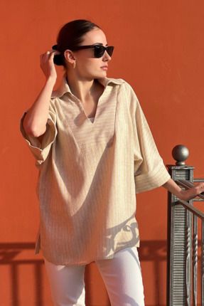 Kadın Çizgili Polo Yaka Oversize Keten Bluz