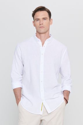 Erkek Beyaz Keten Comfort Fit Rahat Kesim Düğmeli Yaka Casual Gömlek