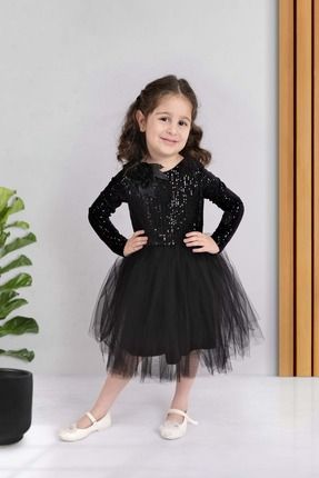 Pul Payetli Tütü Etekli Uzun Kol Kız Çocuk Elbise MNK0577 SİYAH