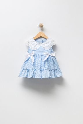Yaka Detaylı Çizgili Kız Bebek Elbise 8005