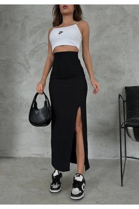 Kadın Siyah Dalgıç Kumaş Yırtmaçlı Uzun Etek Maxi Boy 92 Cm