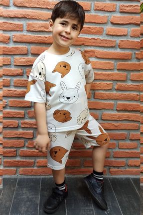 Yeni Sezon Köpek Baskılı Yazlık Pijama Takımı %100 Pamuklu 2'li Alt Üst Unisex Takım