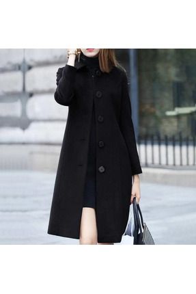Kadın Siyah Renkli Zarif Yaka Yünlü Uzun Kaşe Palto Kaban Mont