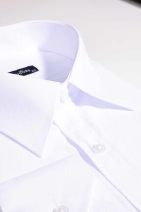 Büyük Beden Uzun Kollu Kolay Ütü Kravatlık Armürlü Pamuklu Beyaz Erkek Gömlek