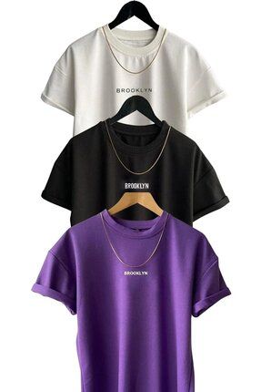 Erkek 3'lü Brooklyn Baskılı Bisiklet Yaka Oversize Tshirt