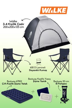 Lüks Kamp Seti 4 Kişilik Çadır Çift Kişilik Yatak 2 Adet Lacivert Sandalye 2 Yastık Pompa