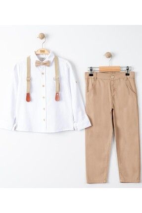 Erkek Çocuk Oxford Beyaz Gömlekli Papyonlu Bej Pantolonu Takım 1-9 YAŞ