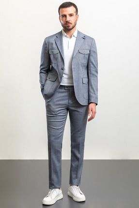 Kırçıllı Lacivert Renk Slim Fit Torba Cep Mono Yaka Keten Erkek Takım Elbise