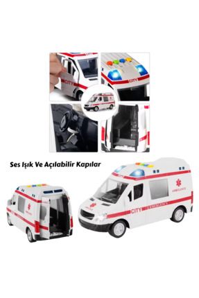 Kaliteli Plastik Gövde 4 Farklı Ses Sürtmeli Sesli Işıklı 22 cm Ambulans Arabası Açılabilir Kapılar