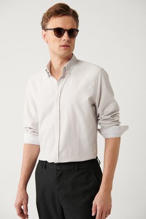 Erkek Bej Gömlek Düğmeli Yaka Pamuklu Kolay Ütülenebilir Armürlü Slim Fit A32y2089