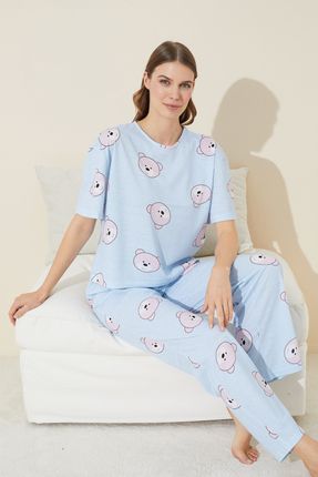 mavi ayıcık desenli Örme Pijama Takım
