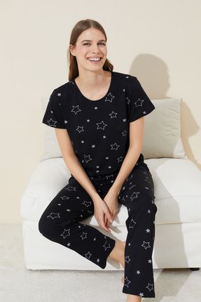 siyah yıldız desenli Kısa Kollu Pamuklu Pijama Takımı