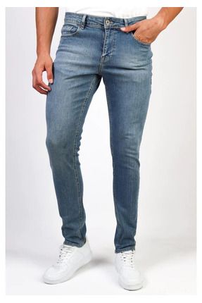 Erkek Açık Mavi Taşlamalı Slim Fit Denim Jeans Kot Pantolon Hlthe001943a