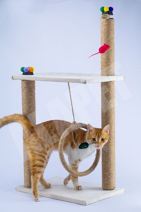 95cm Kedi Tırmalama Tahtası Ve Oyuncağı 2 Katlı (DEVRİLMEZ) Sesli Oyuncaklı Kedi Tırmalama
