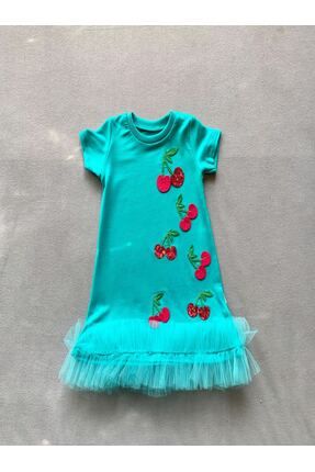 Payetli Kiraz Nakışlı Eteği Fırfırlı Jile Kız Çocuk Elbisesi