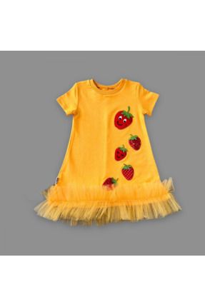 Payetli Çilekler Nakışlı Eteği Fırfırlı Jile Kız Çocuk Elbisesi