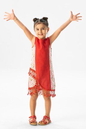 Kolsuz Şile Bezi Nur Püsküllü Yazlık Çocuk Elbise Kırmızı Krmz