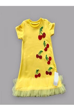 Payetli Kiraz Nakışlı Eteği Fırfırlı Jile Kız Çocuk Elbisesi
