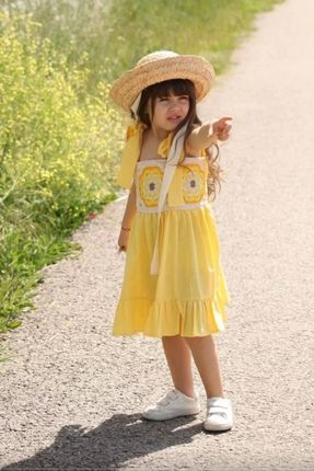 Kız Çocuk Sarı Çiçek Işlemeli Etnik Elbise