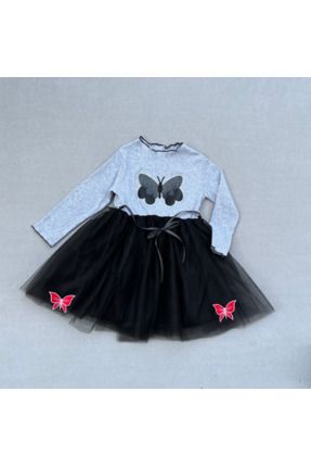 Taşlı Kelebek Desenli Kurdela Kuşaklı Astarlı Kız Çocuk Tütü Elbise
