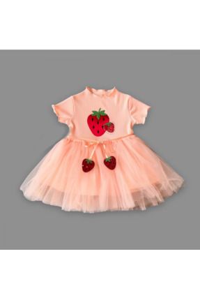 Payetli Çilek Baskılı Çilek Kuşaklı Kız Bebek Elbisesi