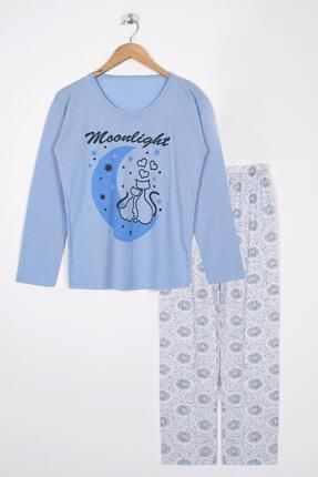 Baskılı Uzun Kollu Açık Mavi - Ekru Kadın Pijama Takımı
