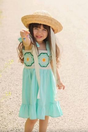 Kız Çocuk Turkuaz Çiçek Işlemeli Etnik Keten Elbise