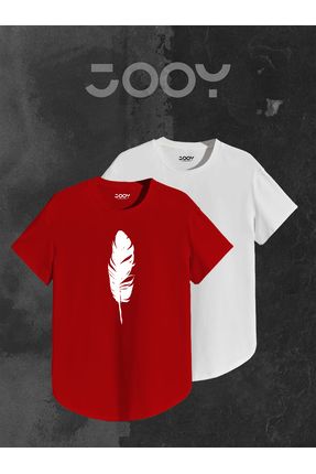 Unisex Kırmızı Beyaz Oval Kesim Tüy Tasarım Tshirt İkili Set