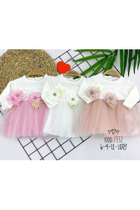 Brode Çiçek Desenli Bandanalı Astarlı Kız Bebek Elbisesi