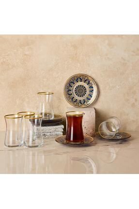 Şam Desenli Cam Çay Bardağı Ve Çay Tabağı 12 Parça Çay Takımı Seti
