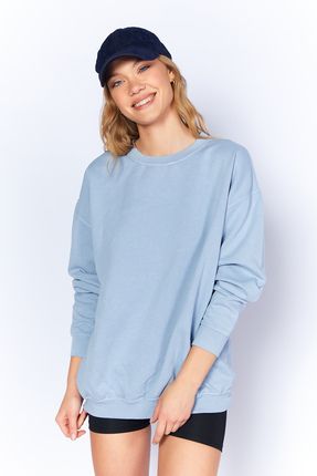 Eskitme/Soluk Efektli Basic Kalıp l Örme Sweatshirt | Mavi