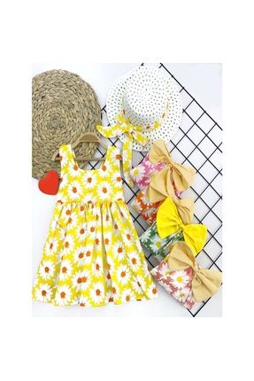 9-12-18-24 Ay Hasır Şapkalı Çiçek Desenli Askılı 2li Kız Bebek Elbisesi