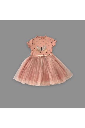 Payetli Kelebek Desenli Puantiyeli Kız Çocuk Elbisesi