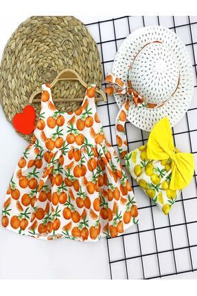 Hasır Şapkalı Meyve Desenli Askılı 2li Kız Bebek Elbisesi
