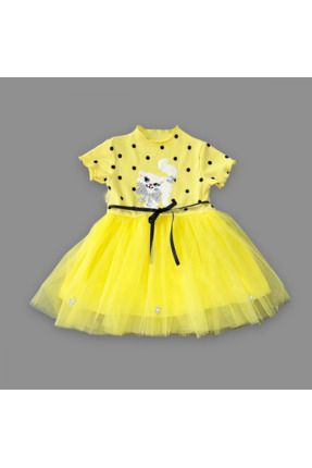 Payetli Kedicik Baskılı Puantiyeli Kız Bebek Elbisesi