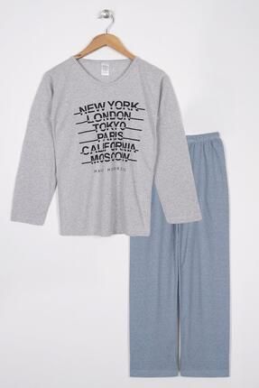 Baskılı Uzun Kollu Antrasit Pembe Renk Kadın Pijama Takımı