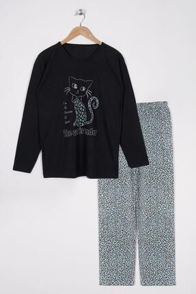 Baskılı Uzun Kollu Sıyah Yesıl Kadın Pijama Takımı