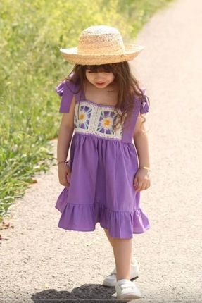Kız Çocuk Mor Çiçek Işlemeli Etnik Keten Elbise