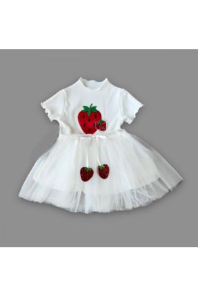 Payetli Çilek Baskılı Çilek Kuşaklı Kız Bebek Elbisesi