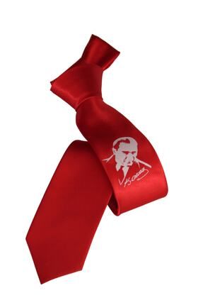 Atatürk Baskılı Kırmızı Saten Kravat