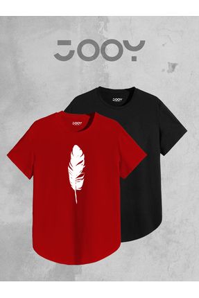 Unisex Kırmızı Siyah Oval Kesim Tüy Tasarım Tshirt İkili Set