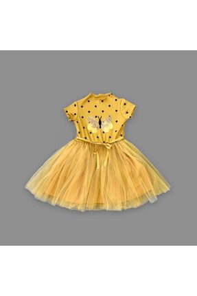 Payetli Kelebek Desenli Puantiyeli Kız Çocuk Elbisesi