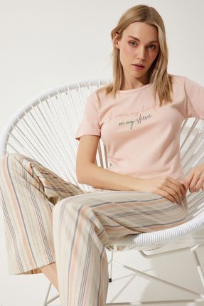 Kadın Somon T-Shirt Çizgili Pantolon Örme Pijama Takımı FP00002