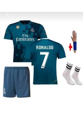 Ronaldo Turkuaz-mavi Real Madrid 2018 Deplasman 3'lü Çoçuk Futbol Forma Seti Forma,şort Ve Çorap