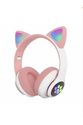 Pembe Bluetooth 5.0 Mikrofonlu Kablosuz Kulaklık Yüksek Ses Akıllı Led Işıklı Kedi Patili Rgb